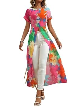 Blouses for Women Trendy Floral Printed Long Shirt with High